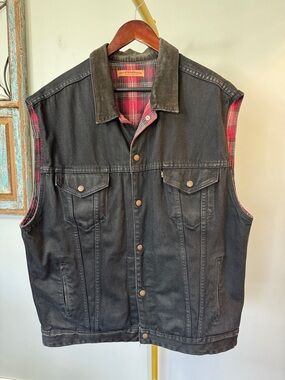 Levi's Black Denim Vest with Red Plaid Lining